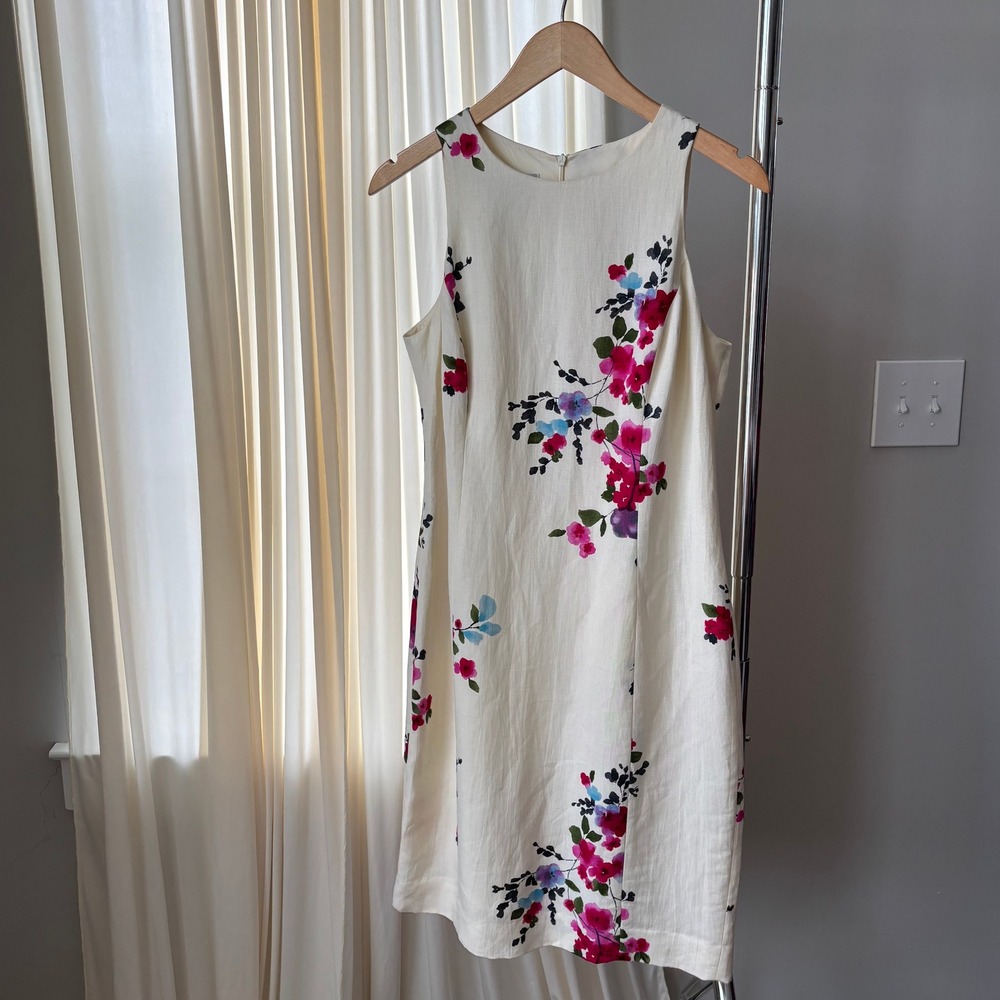 90s Vintage Jones New York Sleeveless Floral Dress Linen Blend Summer Size 8